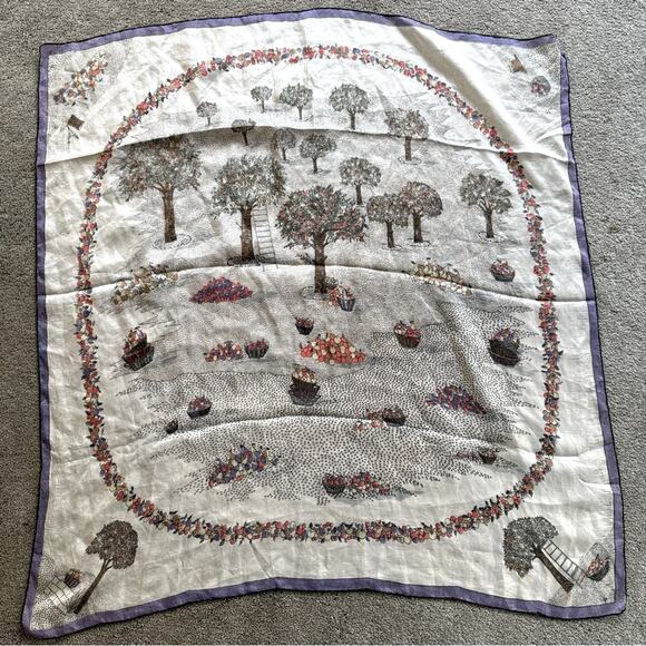 Vintage Silk Apple Tree Basket Scarf Fall Womens Cream Purple - Picture 1 of 7